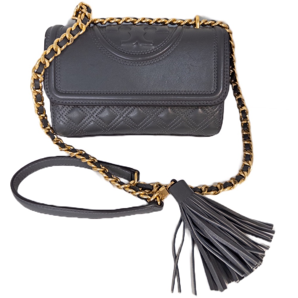 Tory Burch Fleming Shoulder Bag Gray Convertible Small Quilted Crossbody New